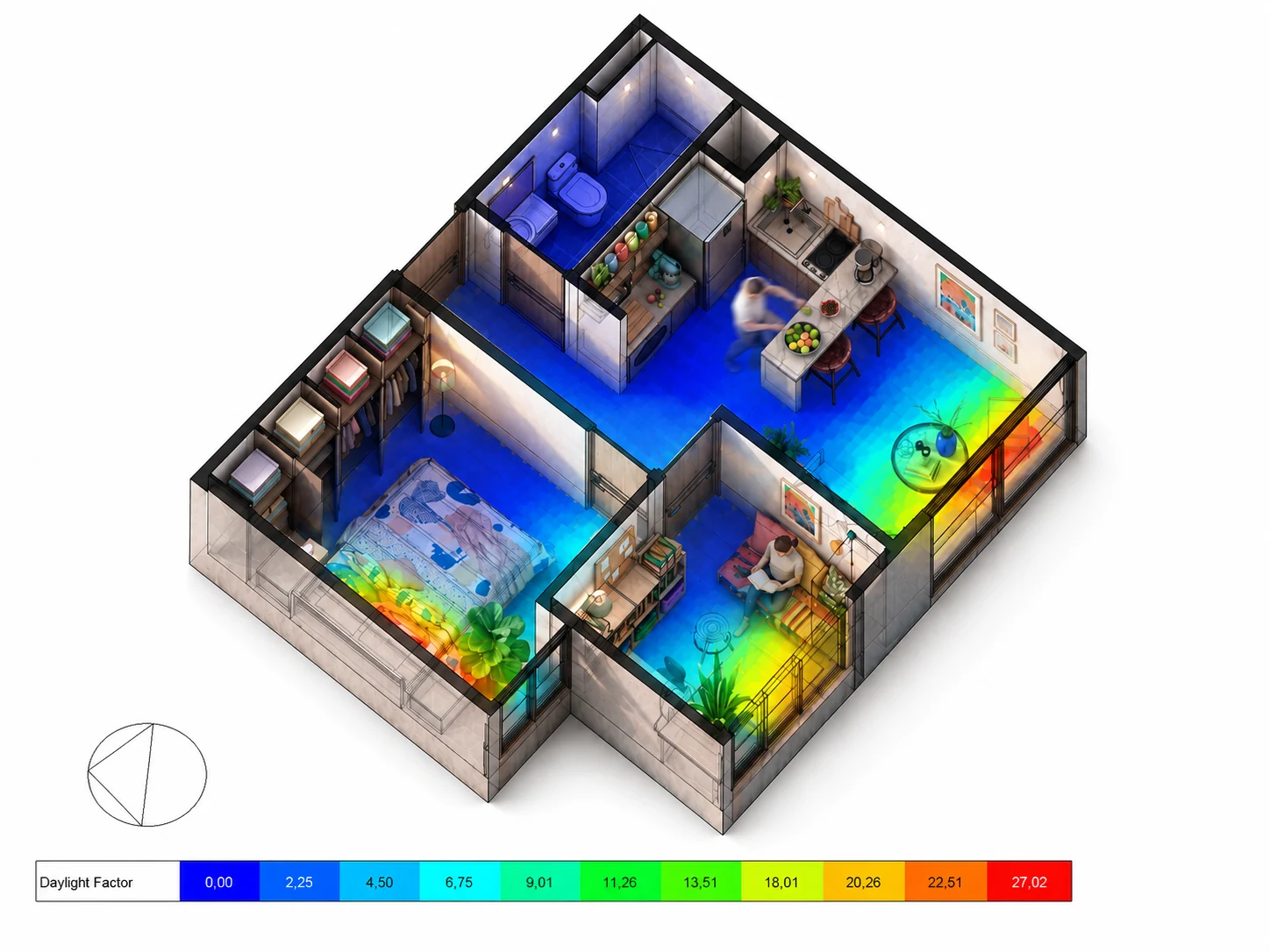 Factor de luz natural en un apartamento tipo. Las decisiones de vanos, orientación y protecciones solares se verifican por simulación — aspecto que después sostiene las medidas ante la UPME y las certificaciones.