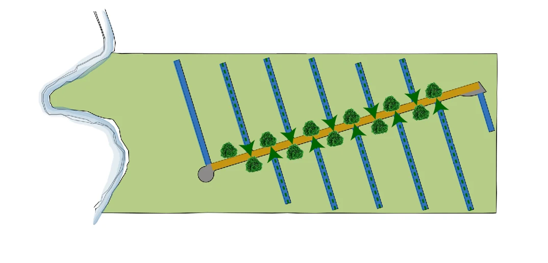 Remate visual: cada calle secundaria termina en una masa de árboles, para que la mirada encuentre paisaje y no el final del asfalto.