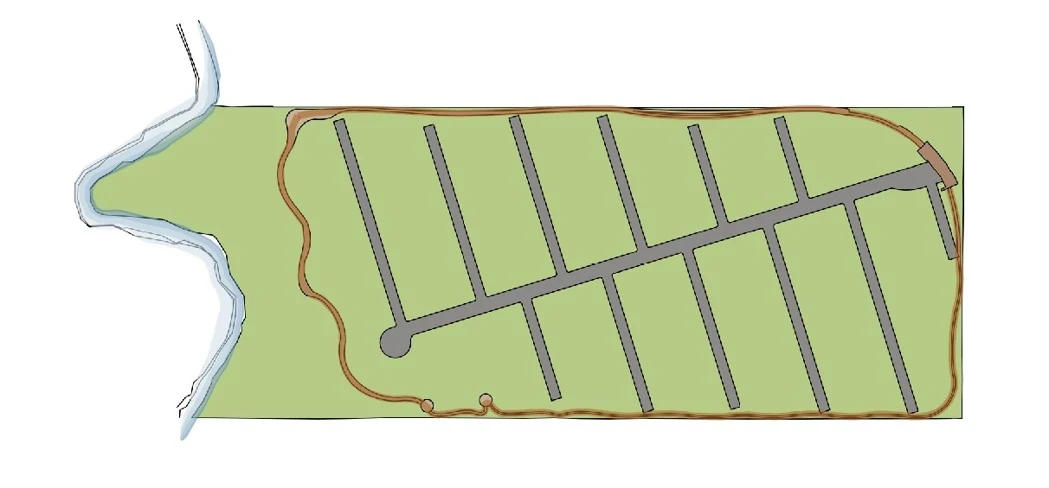 Los recorridos peatonales y de bicicletas se resuelven como un circuito continuo, sin interrupciones, que abraza el conjunto por el perímetro.
