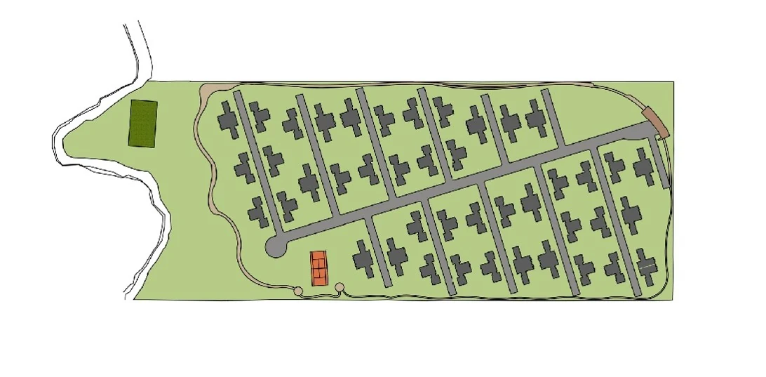 El emplazamiento de las viviendas: casas pareadas giradas todas hacia la misma cara del sol, con la cancha de fútbol y la de tenis apoyadas en el parque.