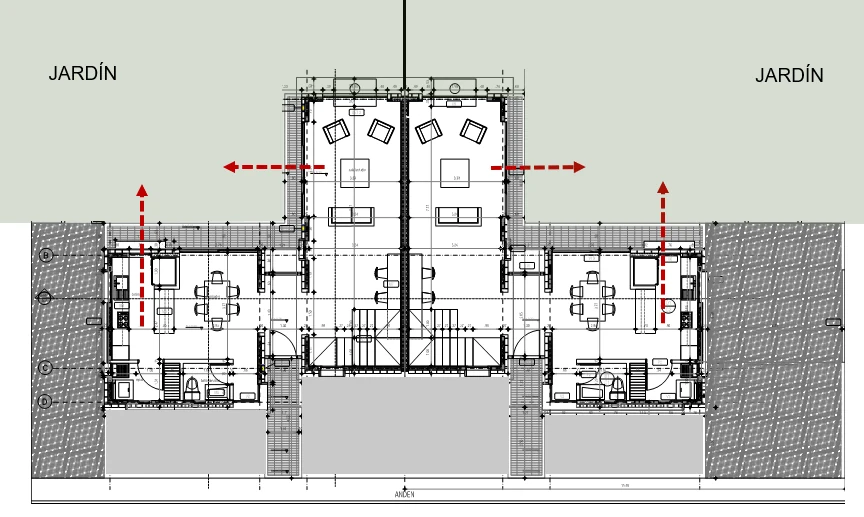 Primer piso de una pareja de casas: sala, comedor y cocina se abren cada uno a su jardín, espalda contra espalda con la vecina.