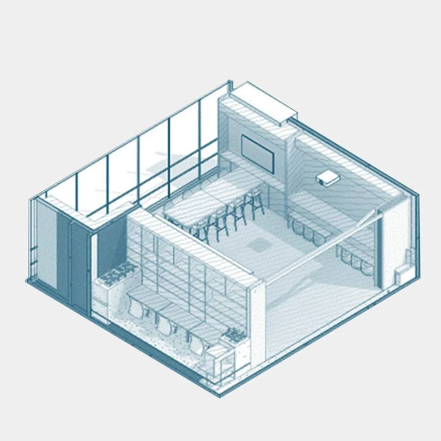 Axonometría de la zona multiuso: una mesa larga con bancos altos contra la fachada de vidrio, pantalla al fondo y muebles bajos en el perímetro, para que el centro quede libre y la sala se pueda rearmar según la reunión.