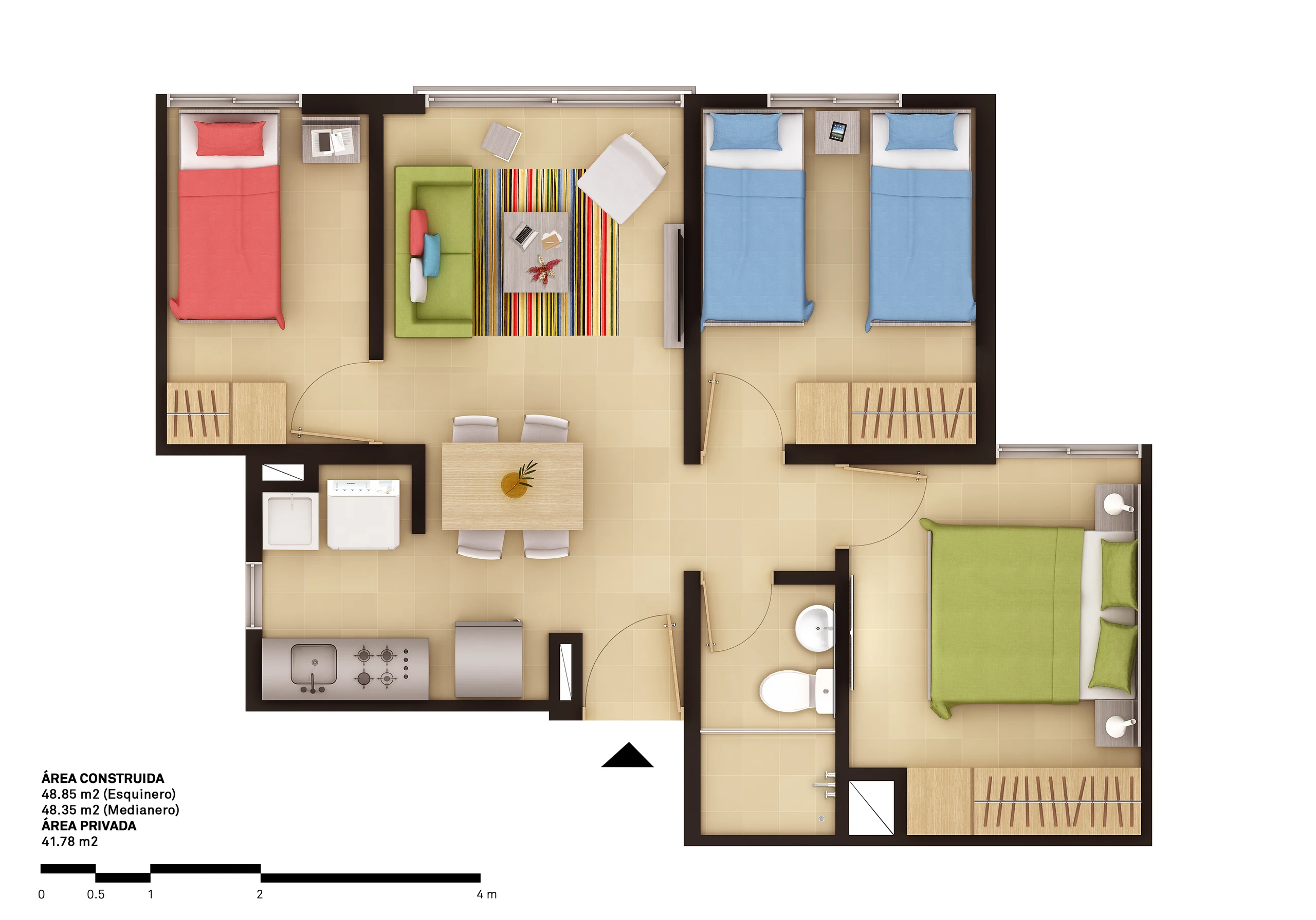 Planta del apartamento en su versión de tres alcobas: la tercera cabe dentro del mismo perímetro, sin mover la cocina ni el baño.