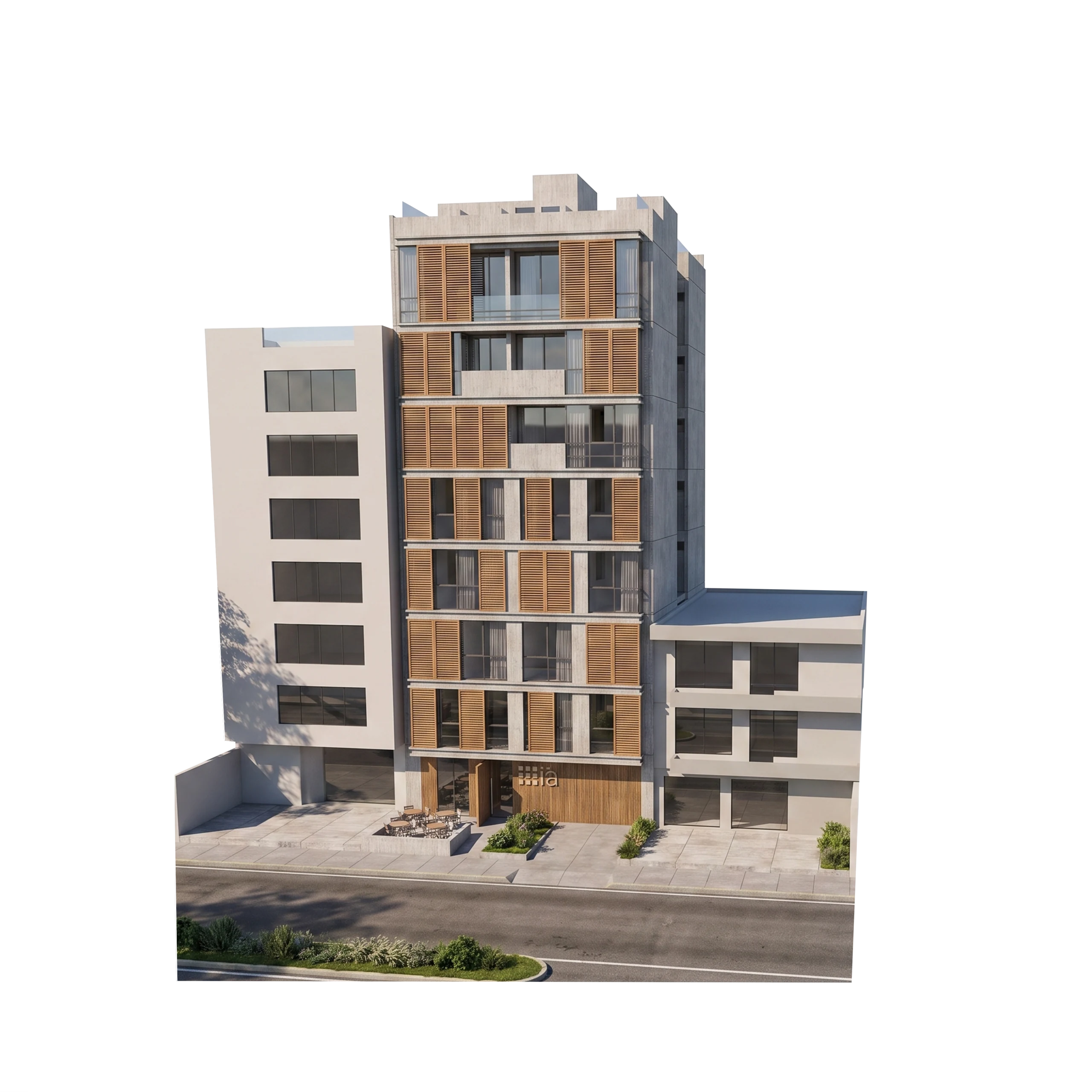 El edificio ocupa por completo un lote angosto entre medianeras; los paños de madera en la fachada resuelven a la vez la protección solar y la privacidad frente a la calle.
