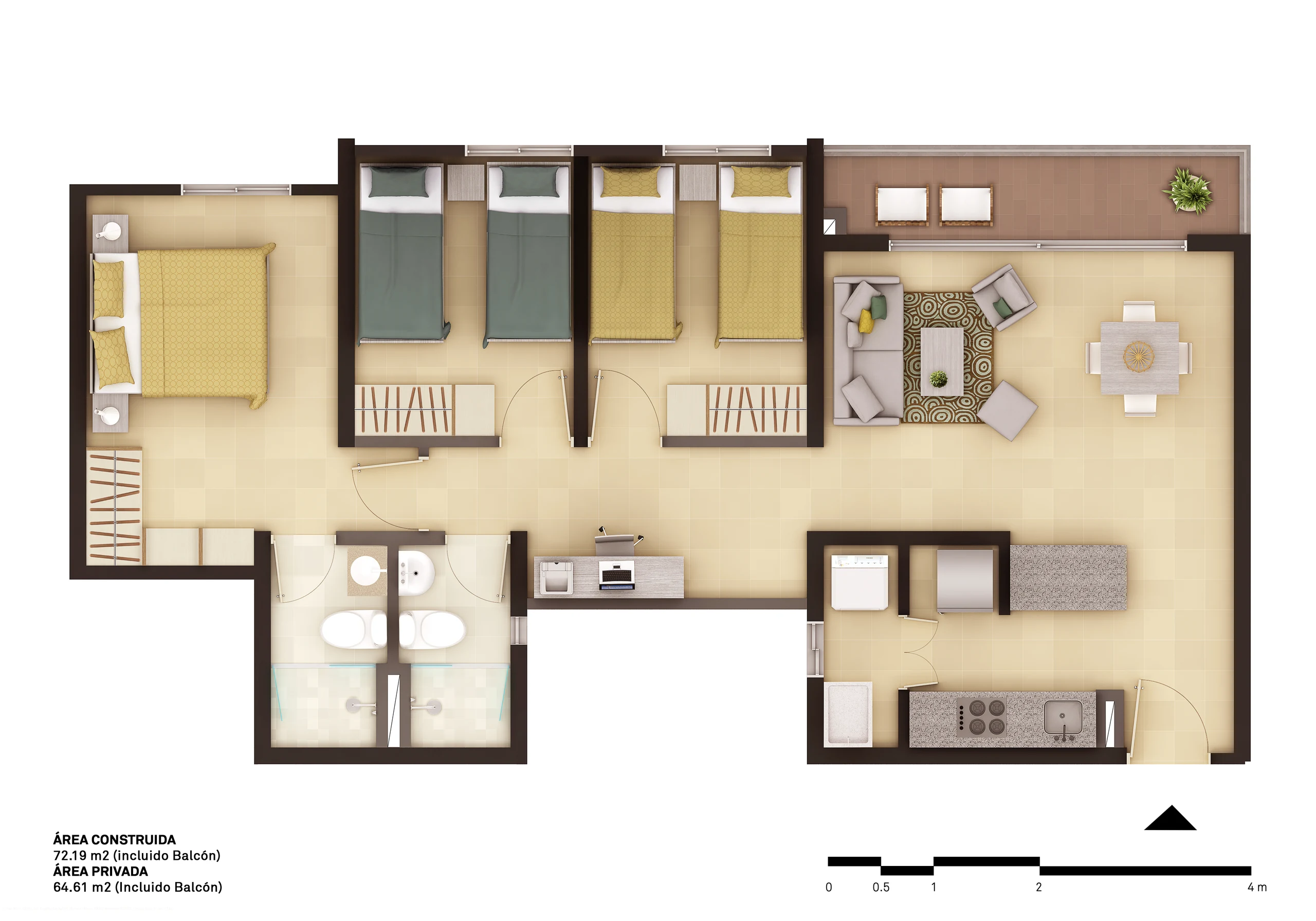 Planta del apartamento tipo B, la variante mayor. Repite el núcleo húmedo del tipo A para que las torres puedan mezclar tipologías sin romper la estructura.