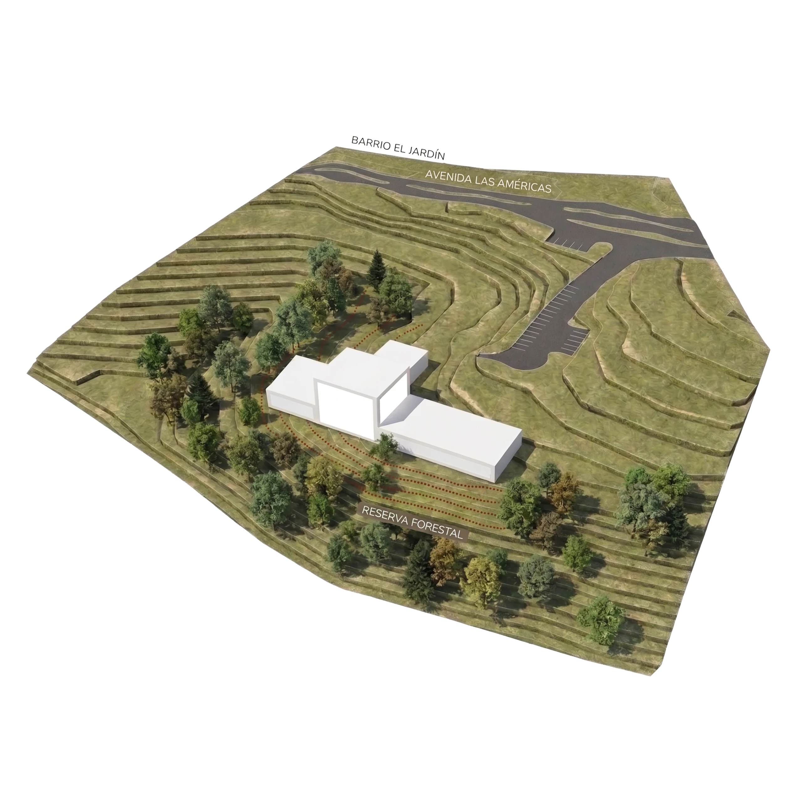 Adaptación al terreno. El volumen se acomoda a las curvas de nivel en vez de aplanar la loma.