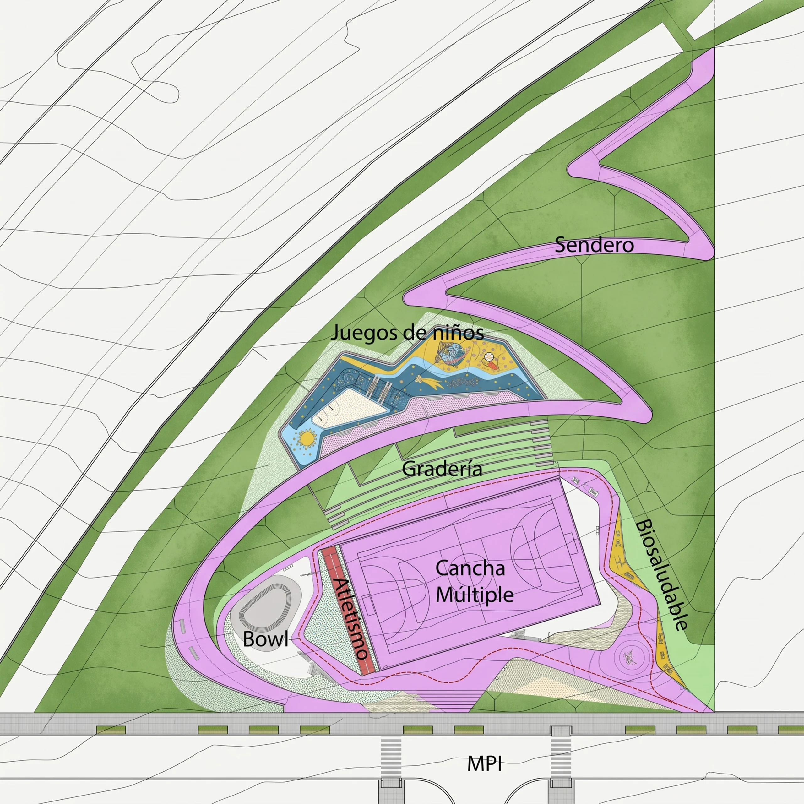 Planta del parque familiar: sendero serpenteante, graderío tallado en la ladera, atletismo y bowl de patinaje resueltos en el desnivel.