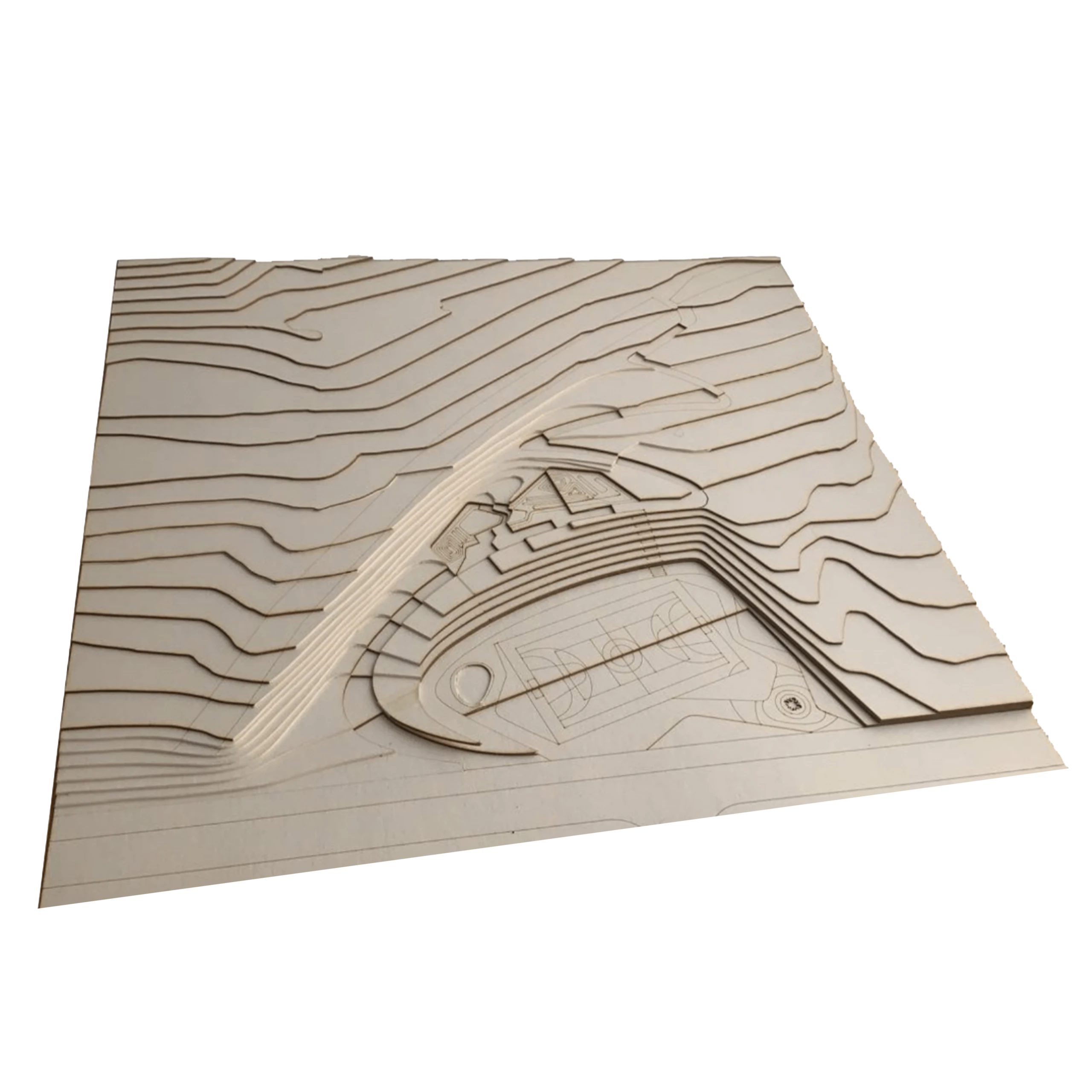Maqueta en curvas de nivel. El parque se recorta dentro de la ladera en lugar de aplanarla; el modelo físico sirvió para verificarlo.