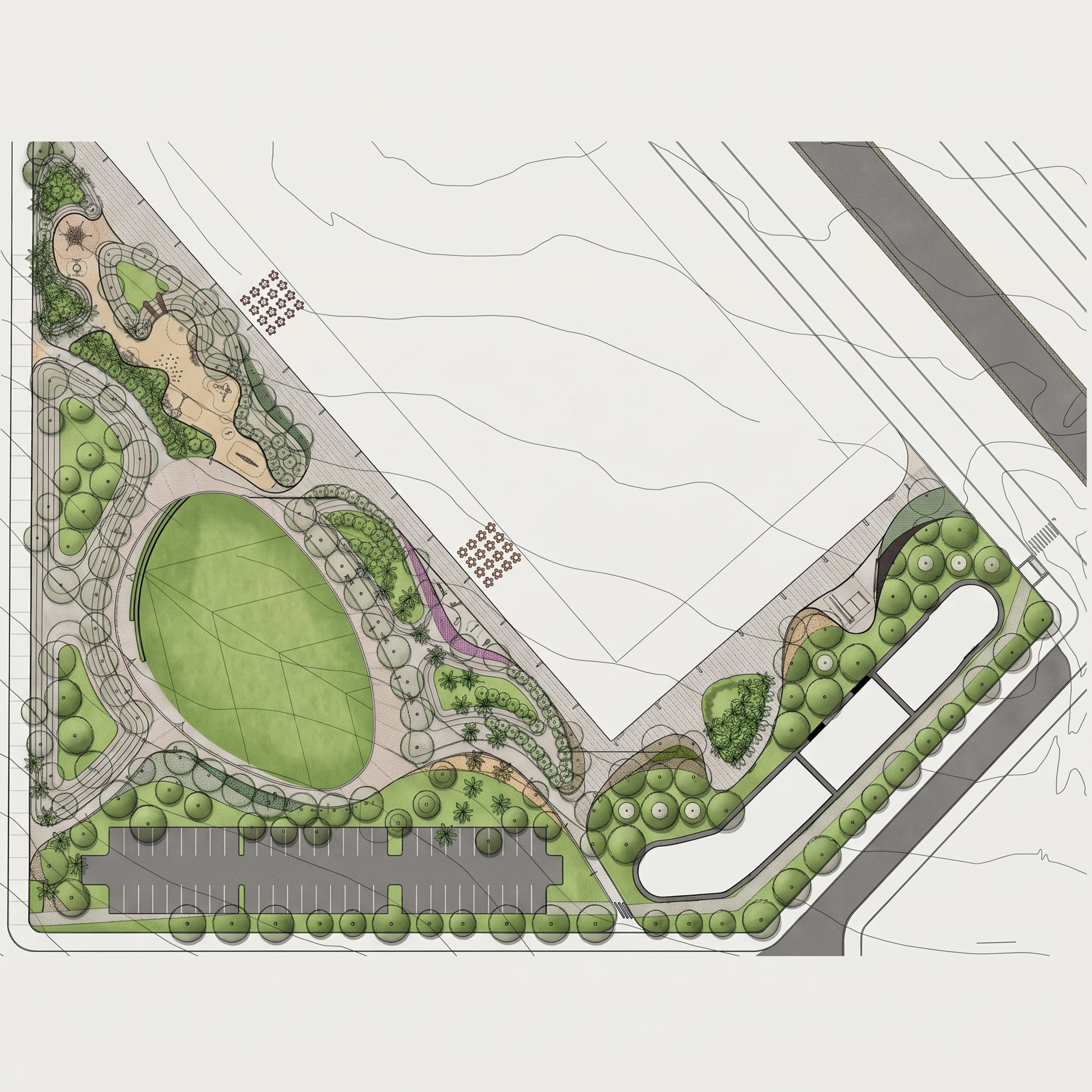 Planta del parque de encuentro: un gran prado ovalado como vacío principal, bordeado de arbolado y de senderos que amarran las manzanas vecinas.