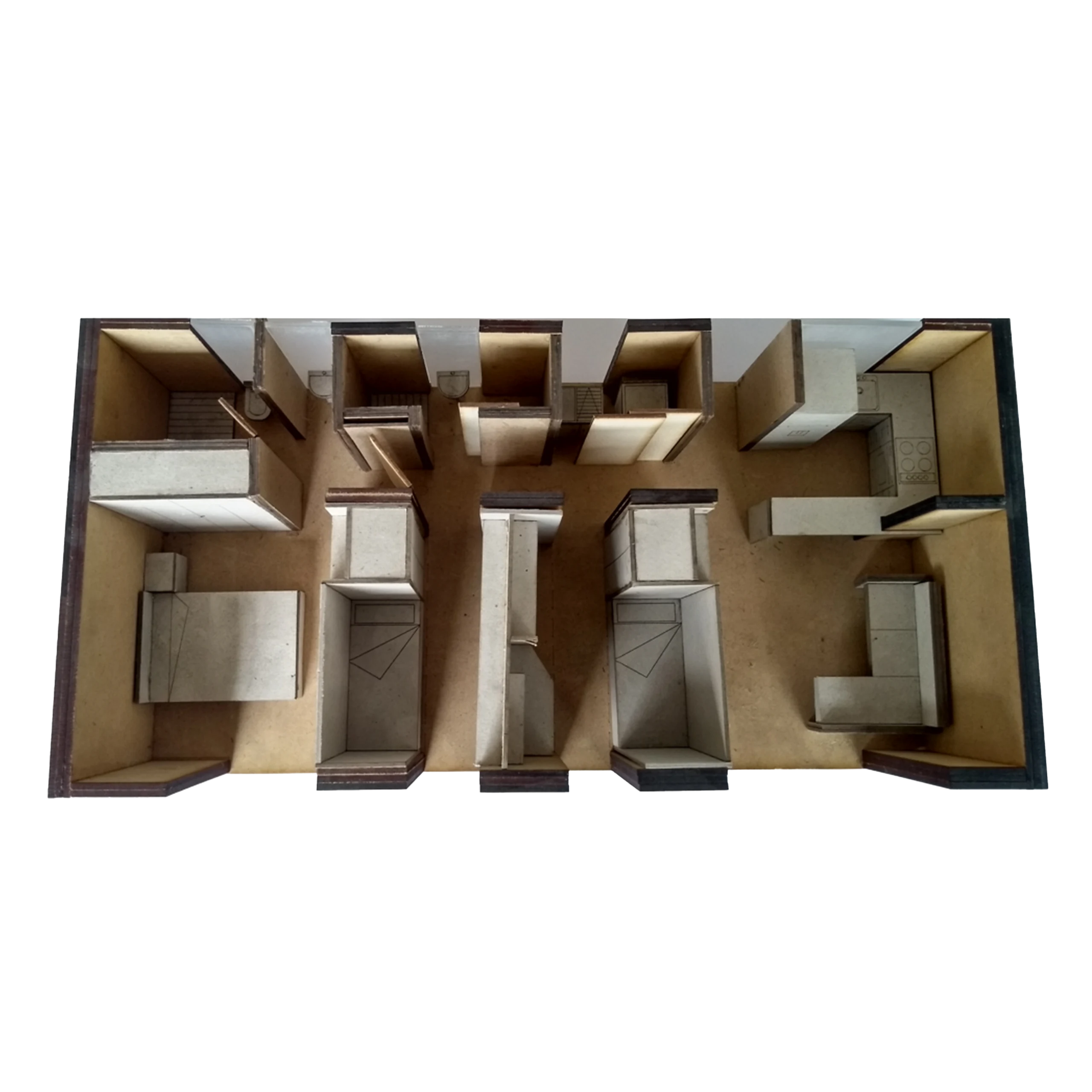 Configuración 3: variante con tres alcobas y zona social compacta hacia la cocina.