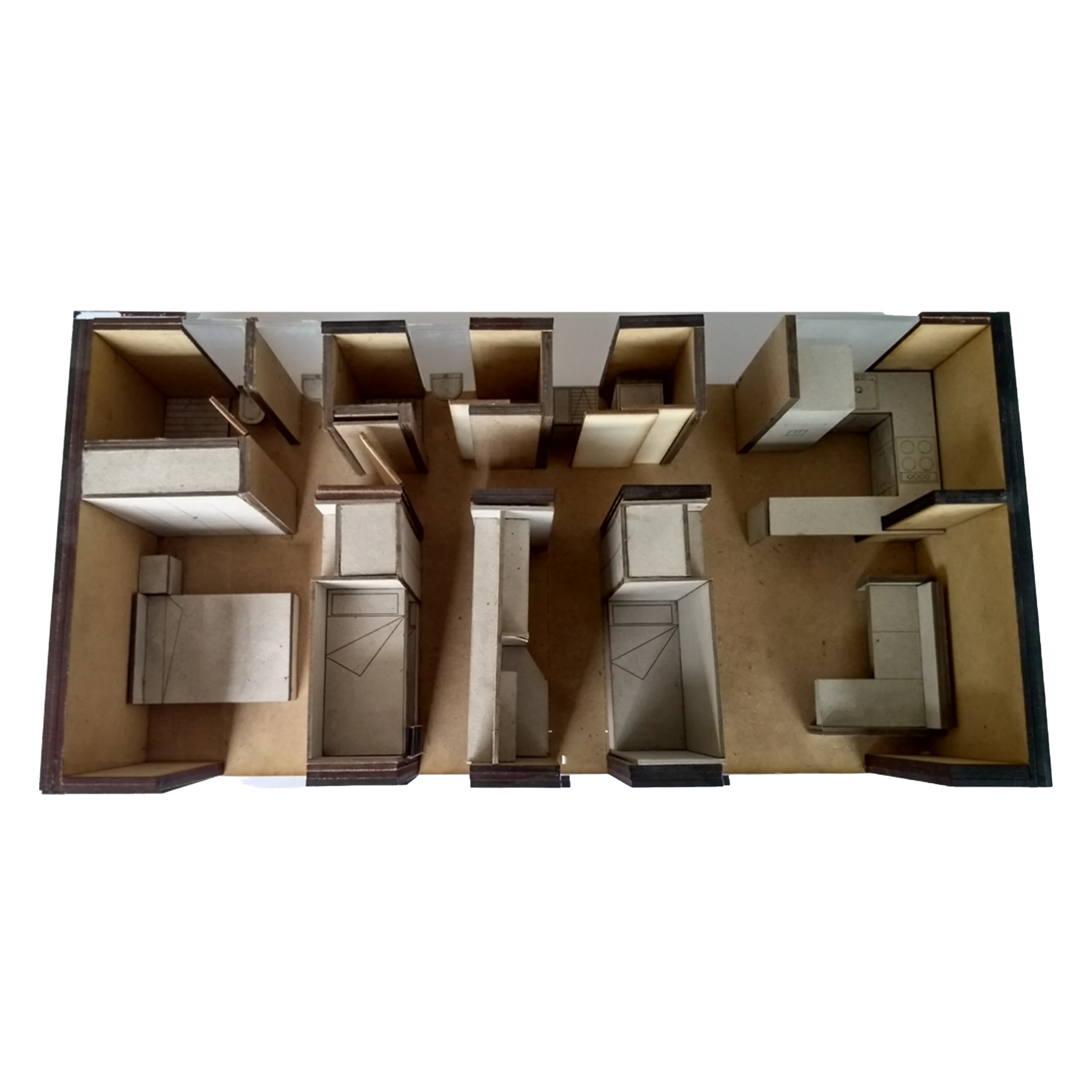 Configuración 4: los muebles giran y el centro de la planta se libera como espacio compartido.