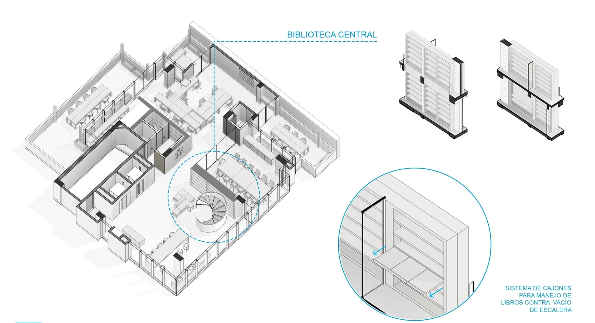 Isométrico del piso: la biblioteca central organiza la planta y un sistema de cajones resuelve el almacenamiento de libros contra el vacío de la escalera de caracol.