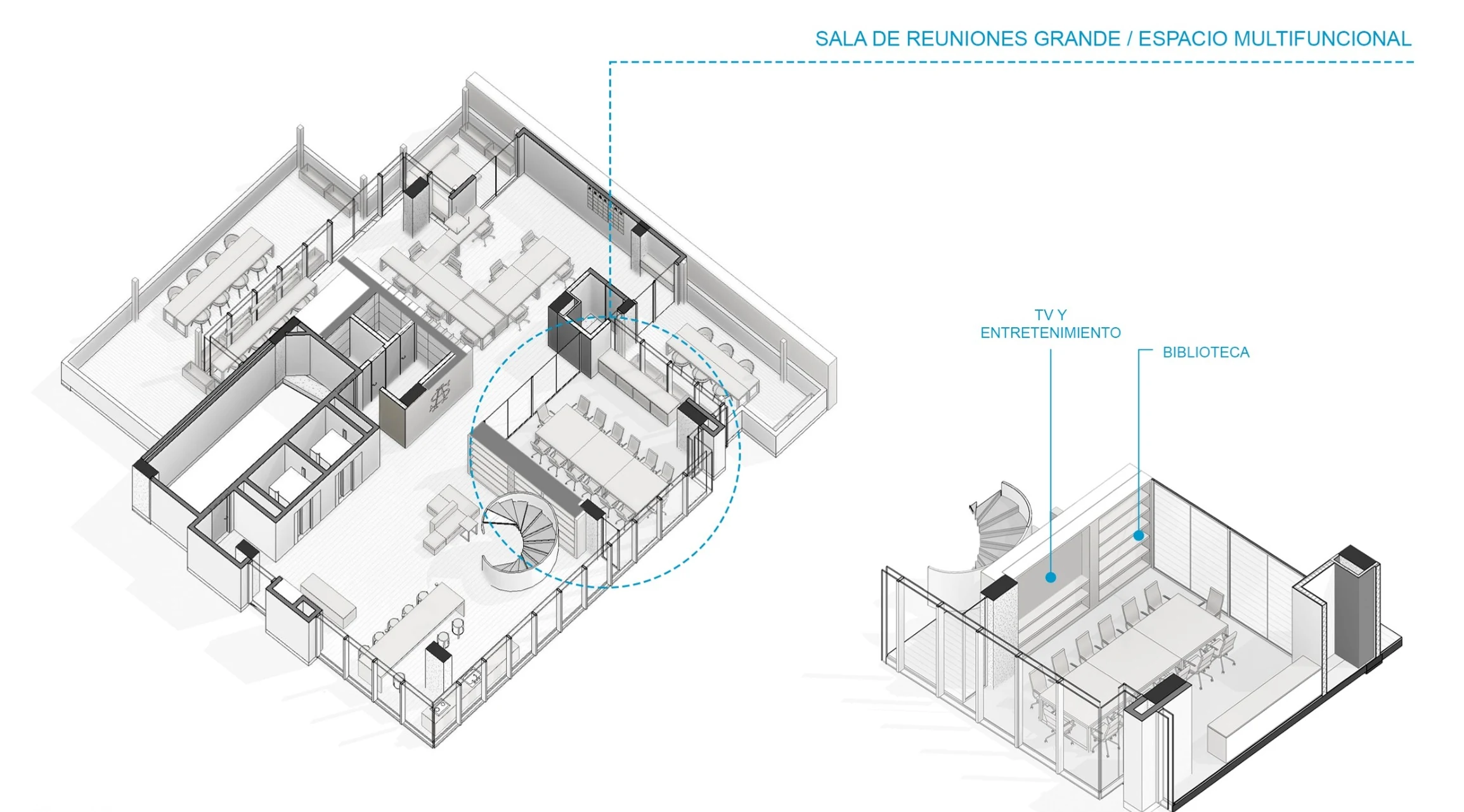 La sala de reuniones grande se plantea como espacio multifuncional, con zona de TV y biblioteca integradas.