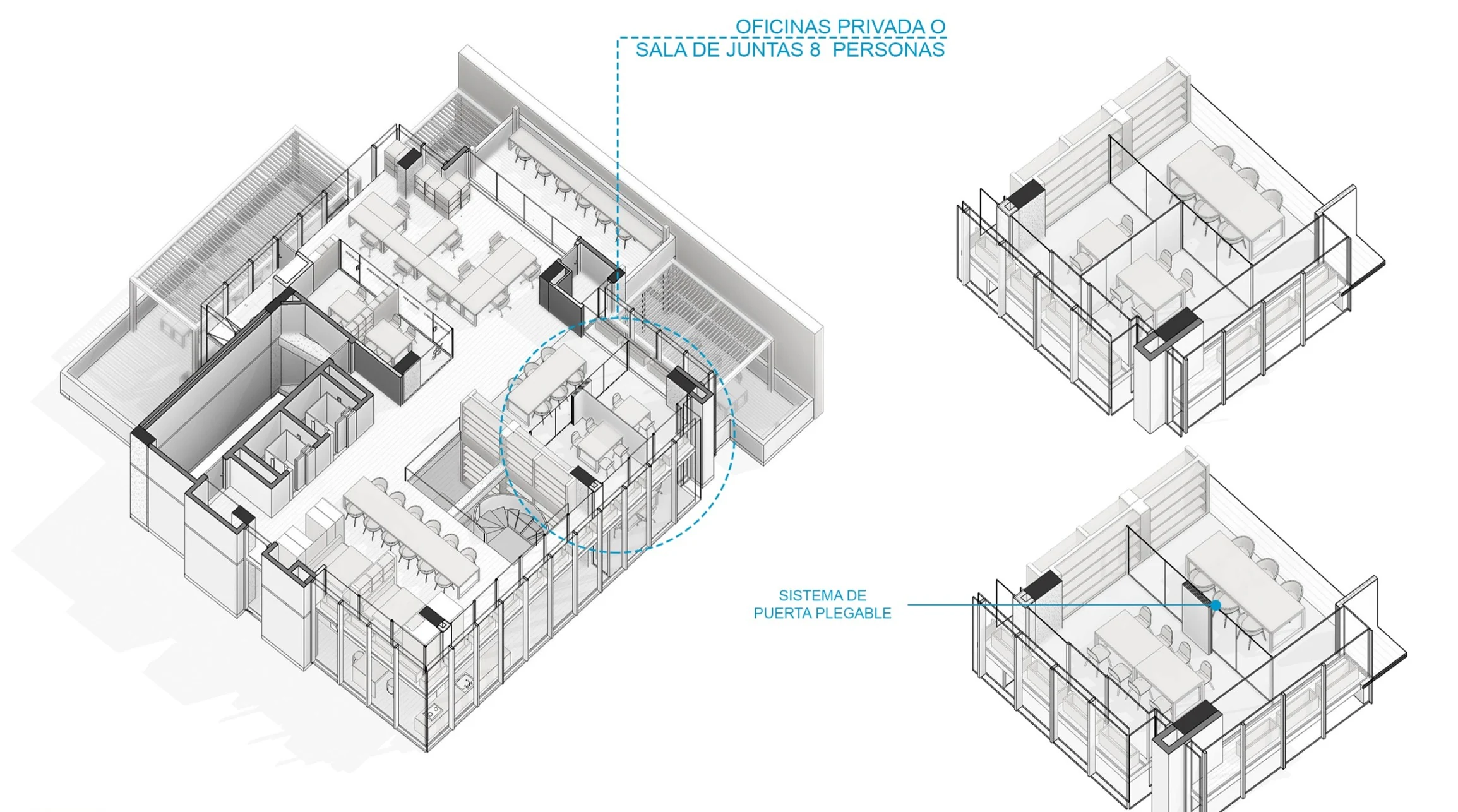 Las oficinas privadas incorporan un sistema de puerta plegable que las transforma en una sala de juntas para ocho personas.